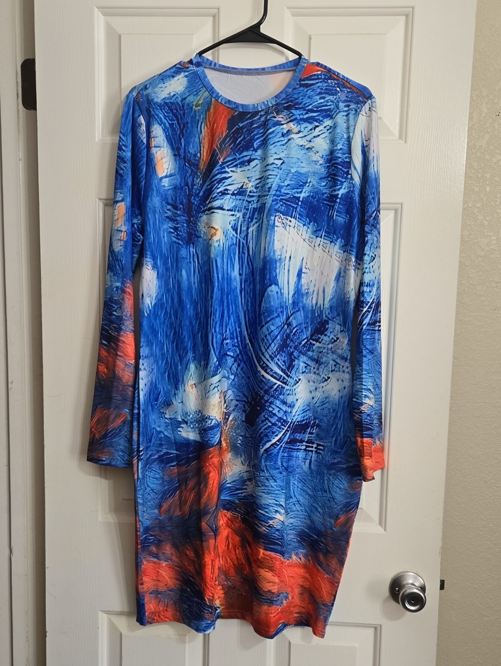 Blue & Orange Abstract Long Sleeve Midi Dress